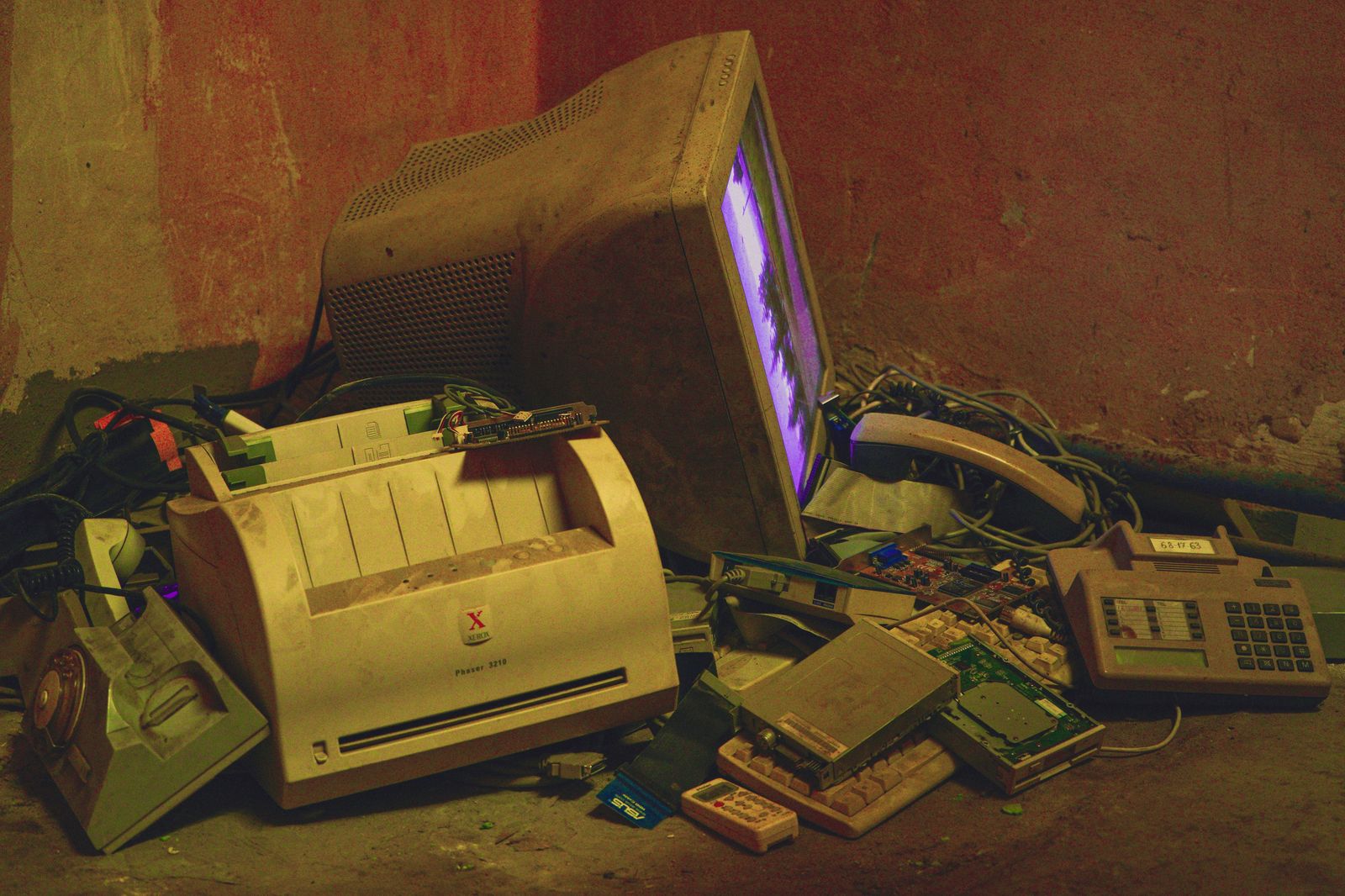 Pile of old computers and electronics collected for e-waste recycling in Elk Grove, CA
